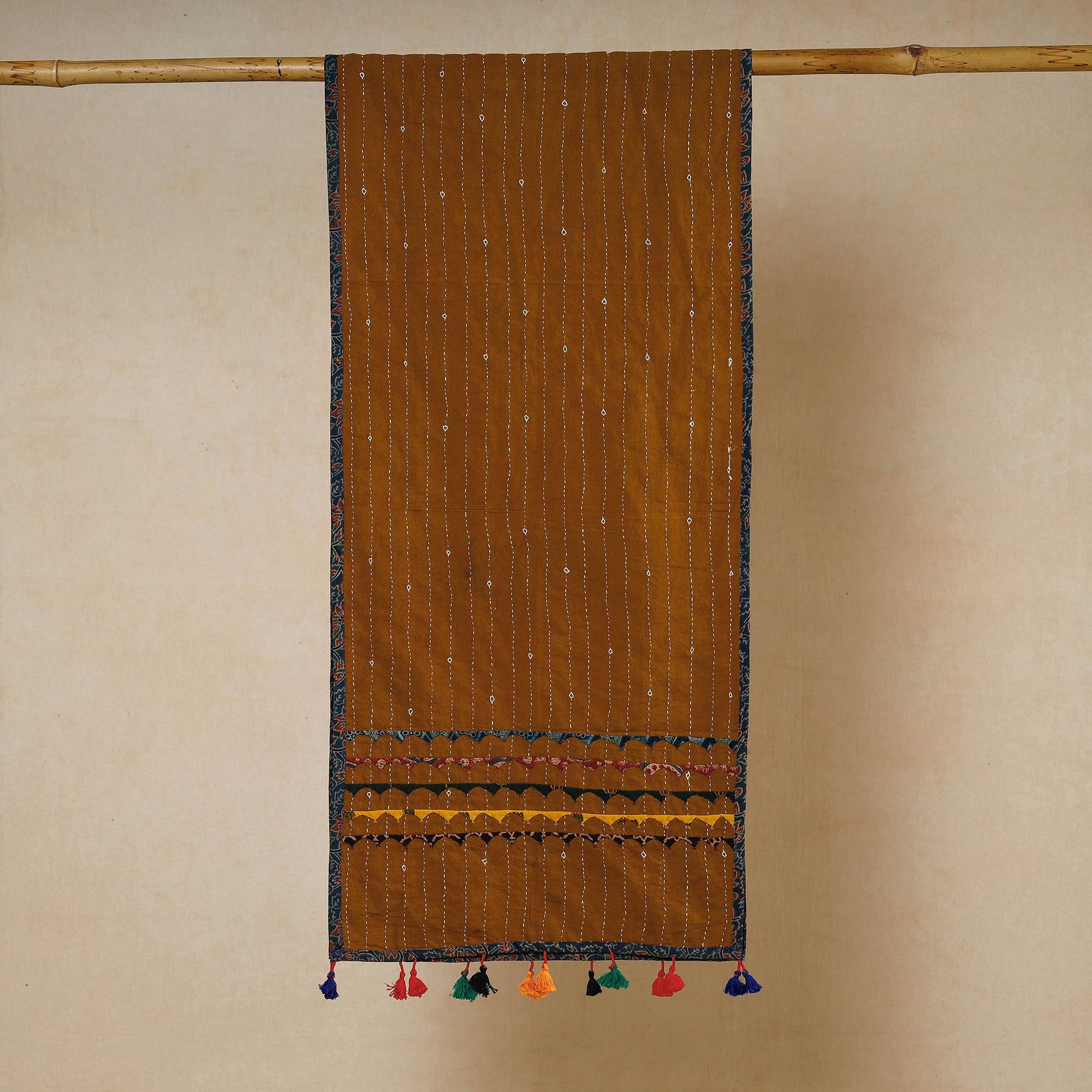 Brown - Kutch Tagai Work Ajrakh Border Cotton Stole with Tassels