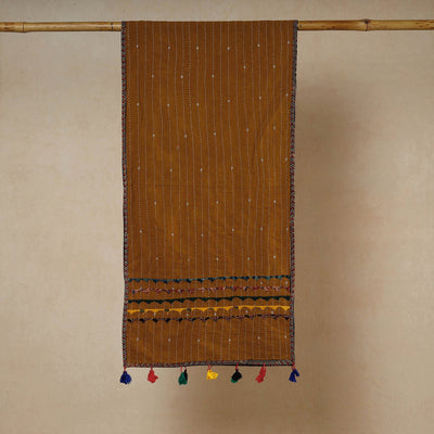 Brown - Kutch Tagai Work Ajrakh Border Cotton Stole with Tassels