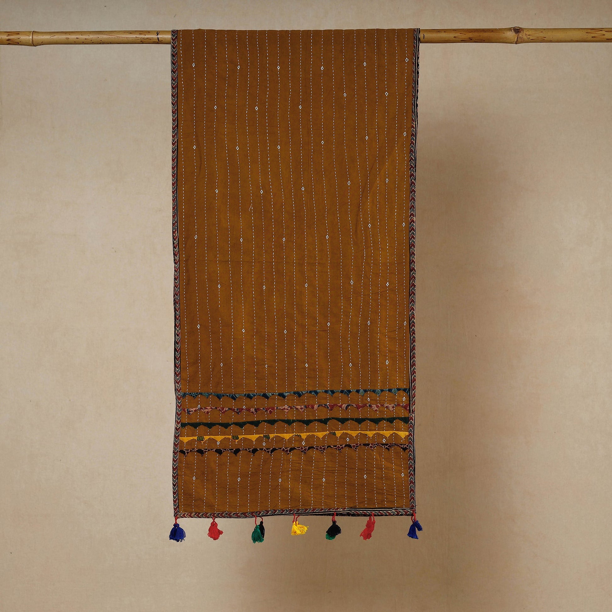 Brown - Kutch Tagai Work Ajrakh Border Cotton Stole with Tassels
