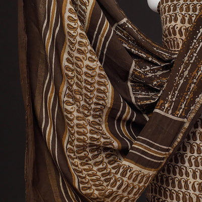 Brown - 3pc Akola Block Printed Cotton Suit Material Set
