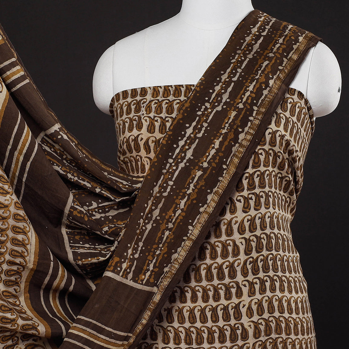 Brown - 3pc Akola Block Printed Cotton Suit Material Set