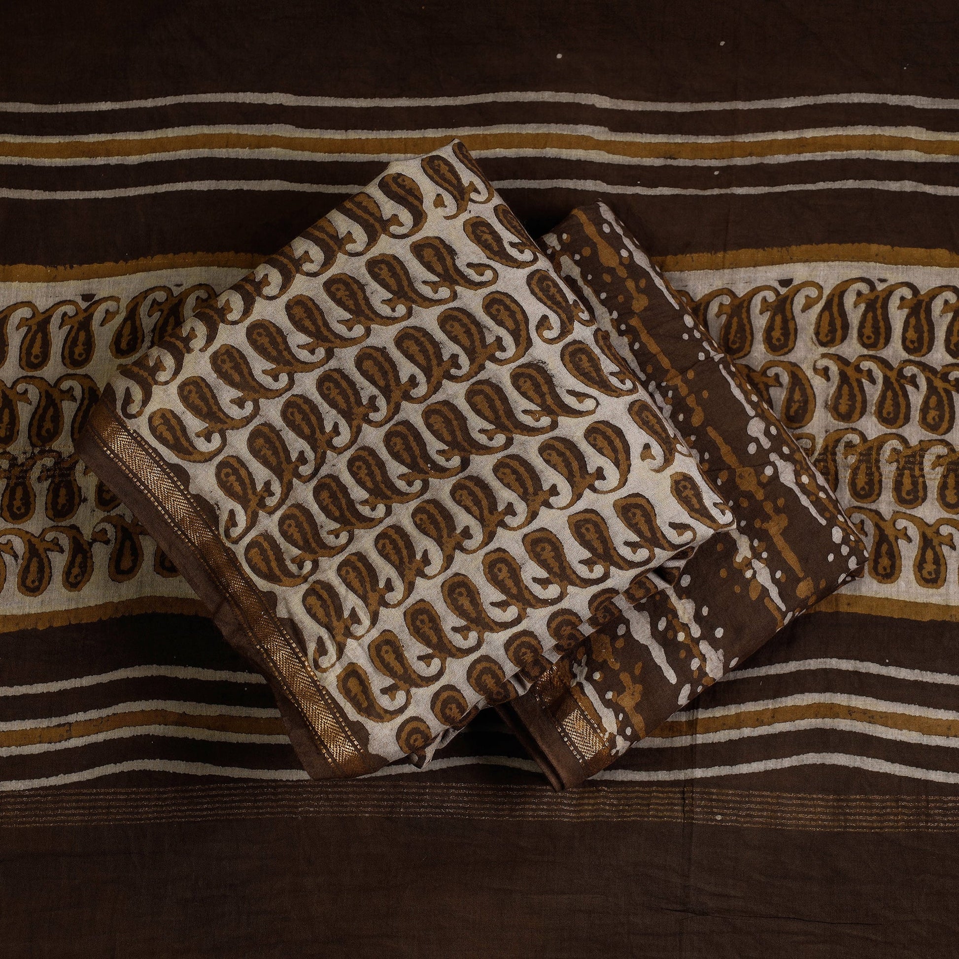 Brown - 3pc Akola Block Printed Cotton Suit Material Set