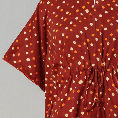 Brown - Bandhani Tie-Dye Cotton Kaftan with Tie-Up Waist (Short)