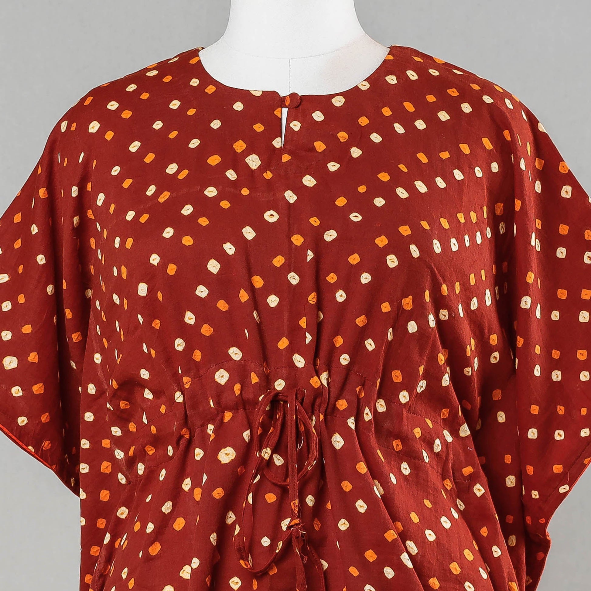 Brown - Bandhani Tie-Dye Cotton Kaftan with Tie-Up Waist (Short)