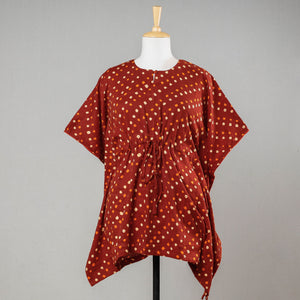 Brown - Bandhani Tie-Dye Cotton Kaftan with Tie-Up Waist (Short)