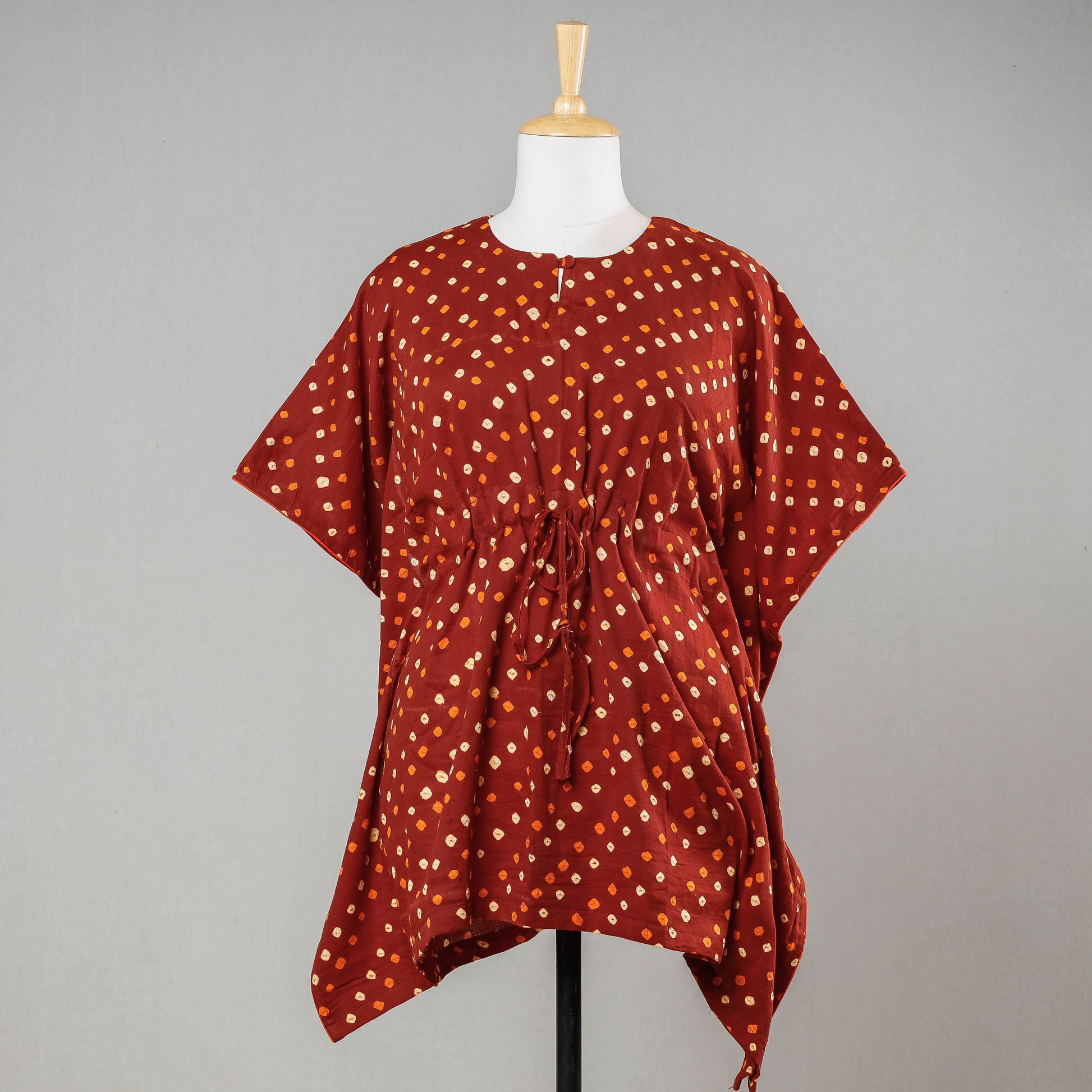 Brown - Bandhani Tie-Dye Cotton Kaftan with Tie-Up Waist (Short)
