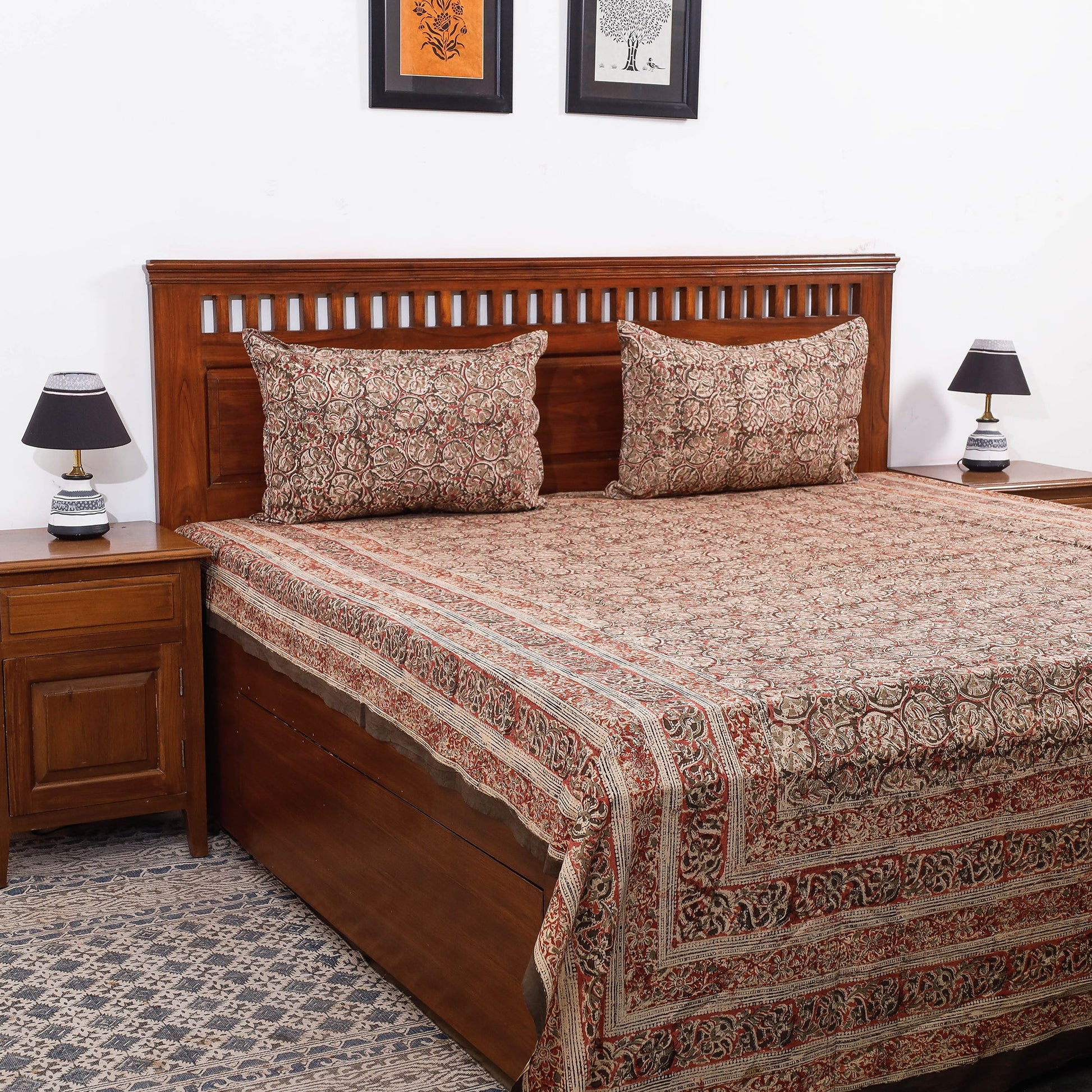 Brown - Kalamkari Block Printed Cotton Double Bed Cover with Pillow Covers (108 x 90 in)