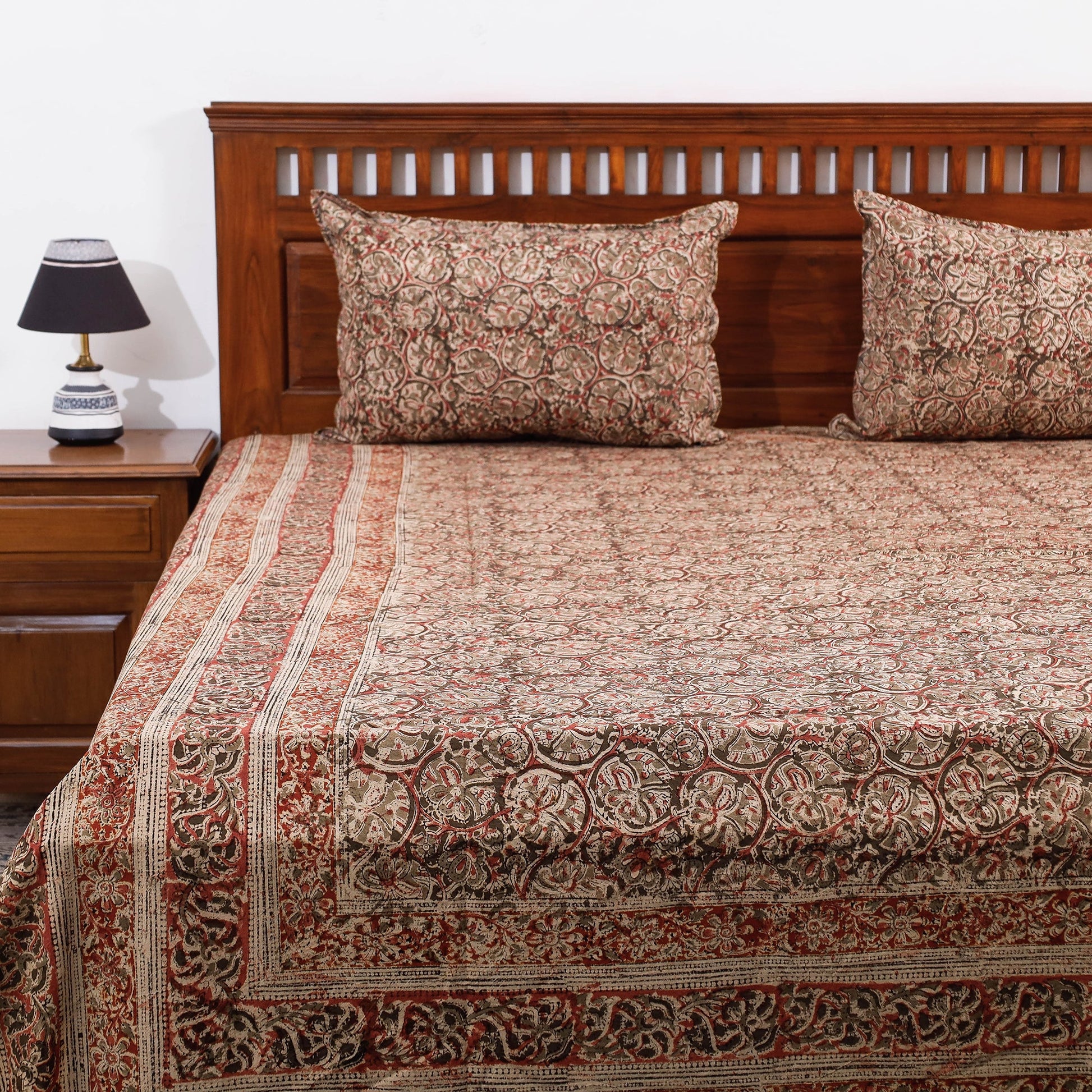Brown - Kalamkari Block Printed Cotton Double Bed Cover with Pillow Covers (108 x 90 in)