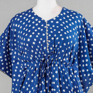 Blue - Bandhani Tie-Dye Cotton Kaftan with Tie-Up Waist (Short)