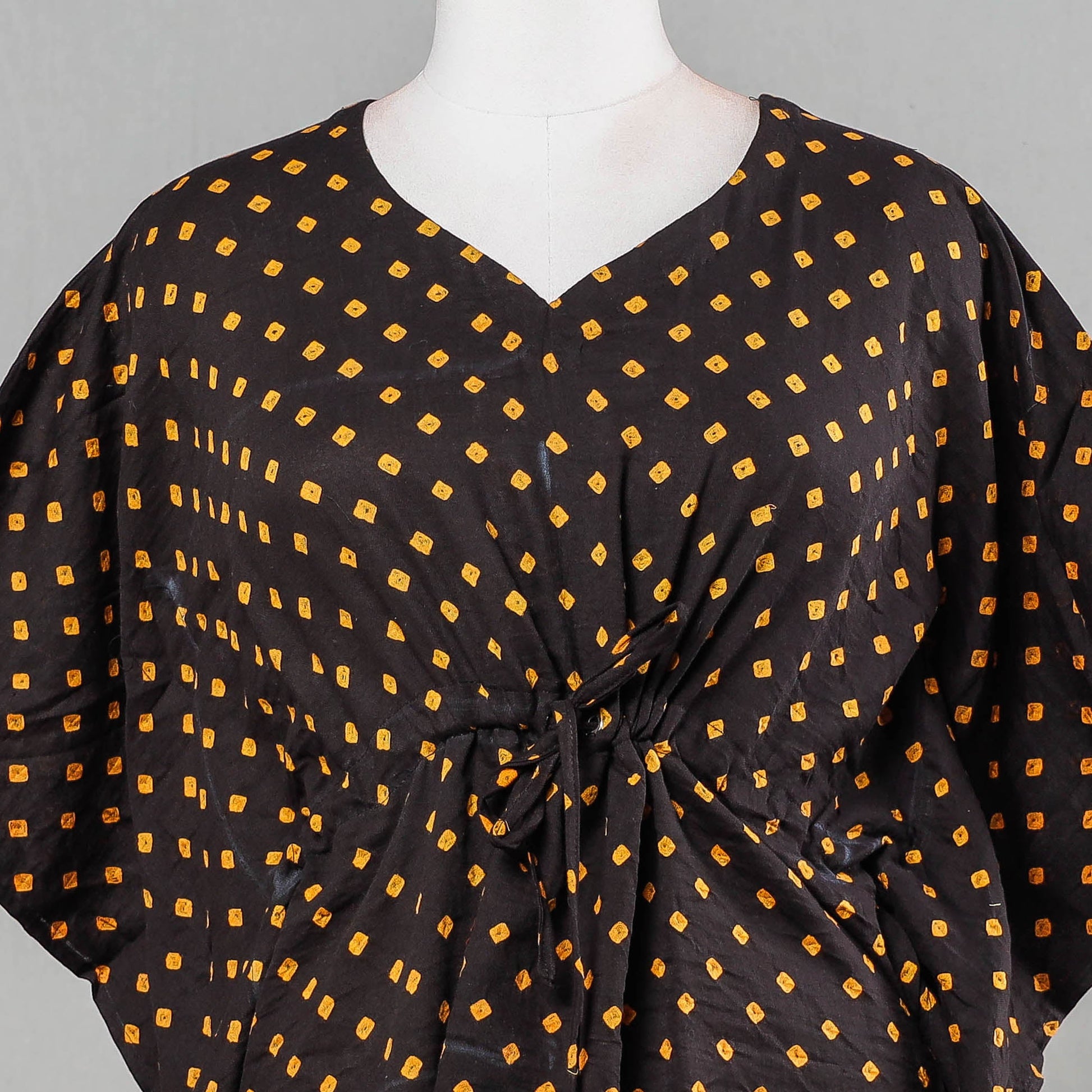 Black - Bandhani Tie-Dye Cotton Kaftan with Tie-Up Waist (Short)