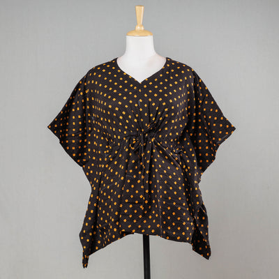 Black - Bandhani Tie-Dye Cotton Kaftan with Tie-Up Waist (Short)