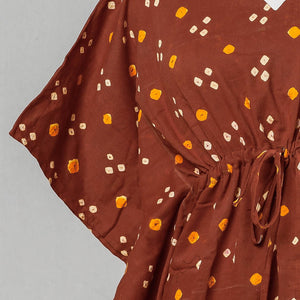 Brown - Bandhani Tie-Dye Cotton Kaftan with Tie-Up Waist (Short)