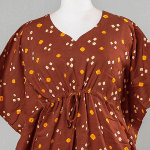 Brown - Bandhani Tie-Dye Cotton Kaftan with Tie-Up Waist (Short)