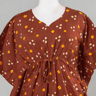 Brown - Bandhani Tie-Dye Cotton Kaftan with Tie-Up Waist (Short)