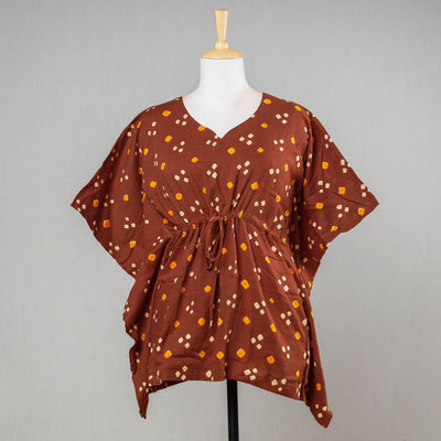 Brown - Bandhani Tie-Dye Cotton Kaftan with Tie-Up Waist (Short)