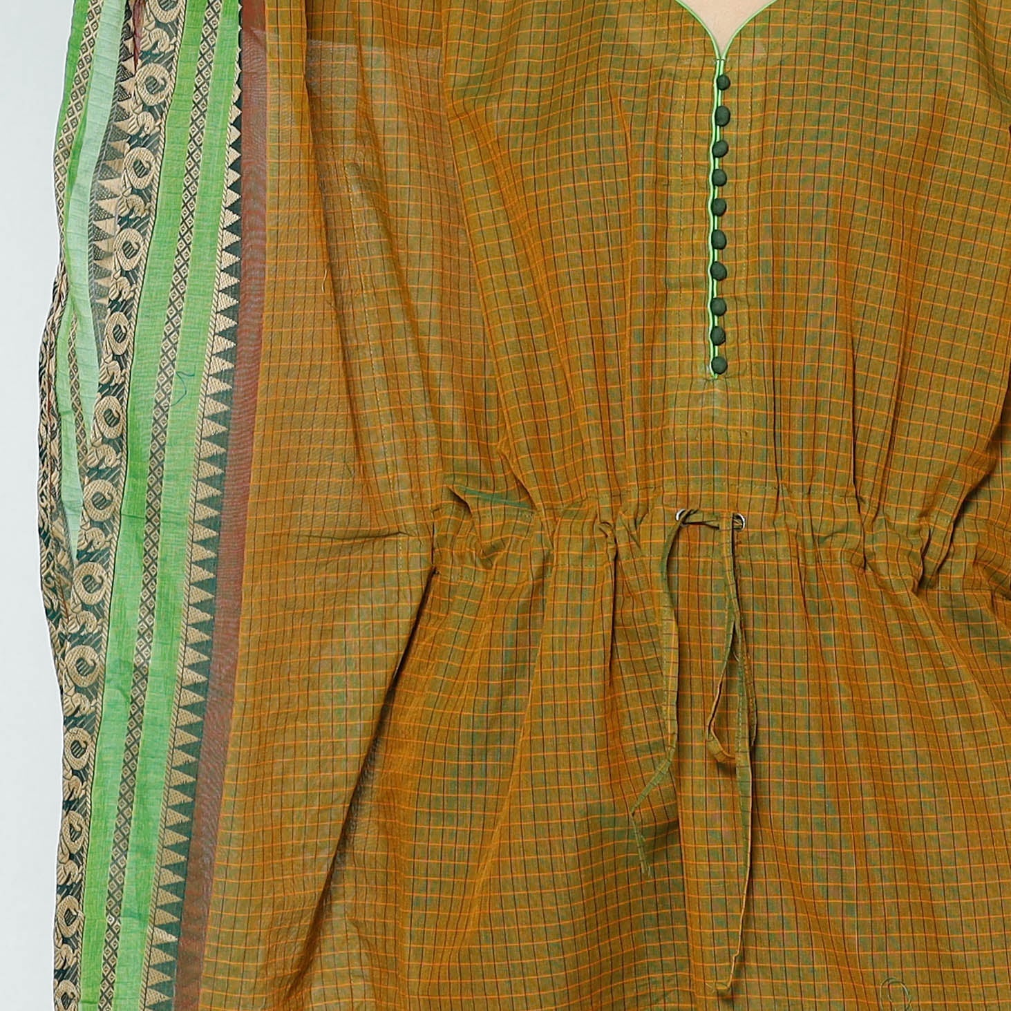 Brown - Kanchipuram Checks Cotton Kaftan with Tie-Up Waist (Medium)