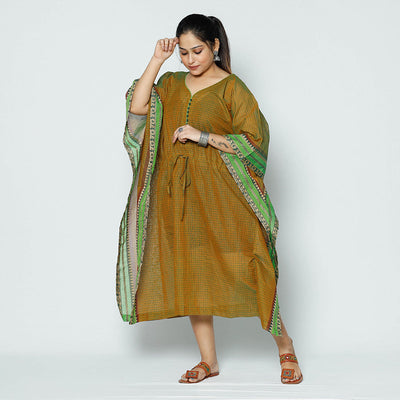 Brown - Kanchipuram Checks Cotton Kaftan with Tie-Up Waist (Medium)