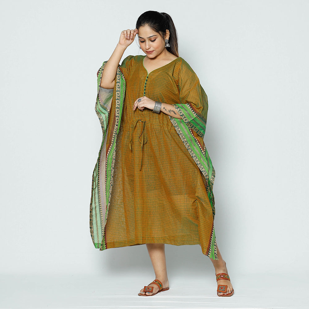 Brown - Kanchipuram Checks Cotton Kaftan with Tie-Up Waist (Medium)