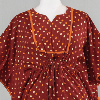 Brown - Bandhani Tie-Dye Cotton Kaftan with Tie-Up Waist (Short)