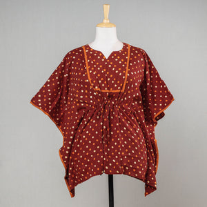 Brown - Bandhani Tie-Dye Cotton Kaftan with Tie-Up Waist (Short)