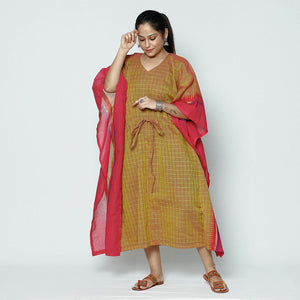 Brown - Kanchipuram Checks Cotton Kaftan with Tie-Up Waist (Medium)