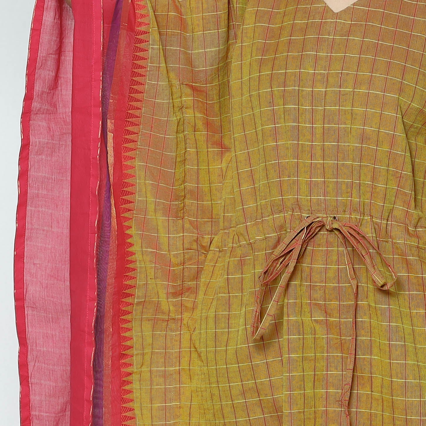 Brown - Kanchipuram Checks Cotton Kaftan with Tie-Up Waist (Medium)