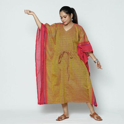 Brown - Kanchipuram Checks Cotton Kaftan with Tie-Up Waist (Medium)