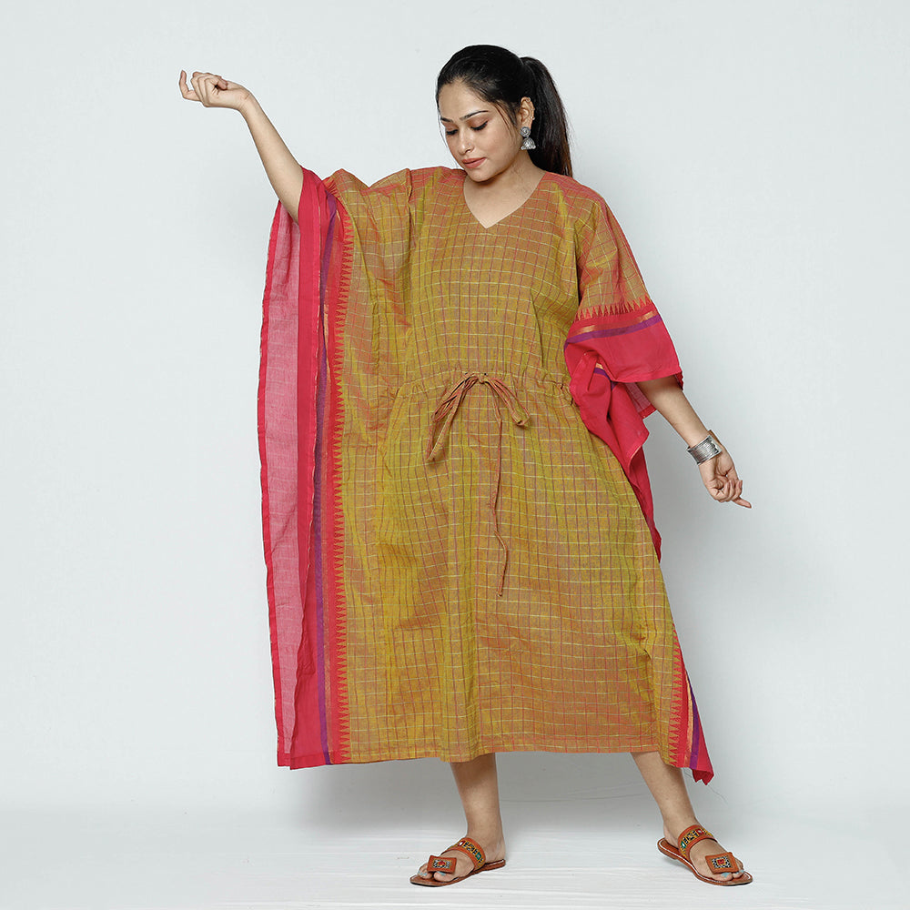 Brown - Kanchipuram Checks Cotton Kaftan with Tie-Up Waist (Medium)