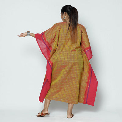 Brown - Kanchipuram Checks Cotton Kaftan with Tie-Up Waist (Medium)