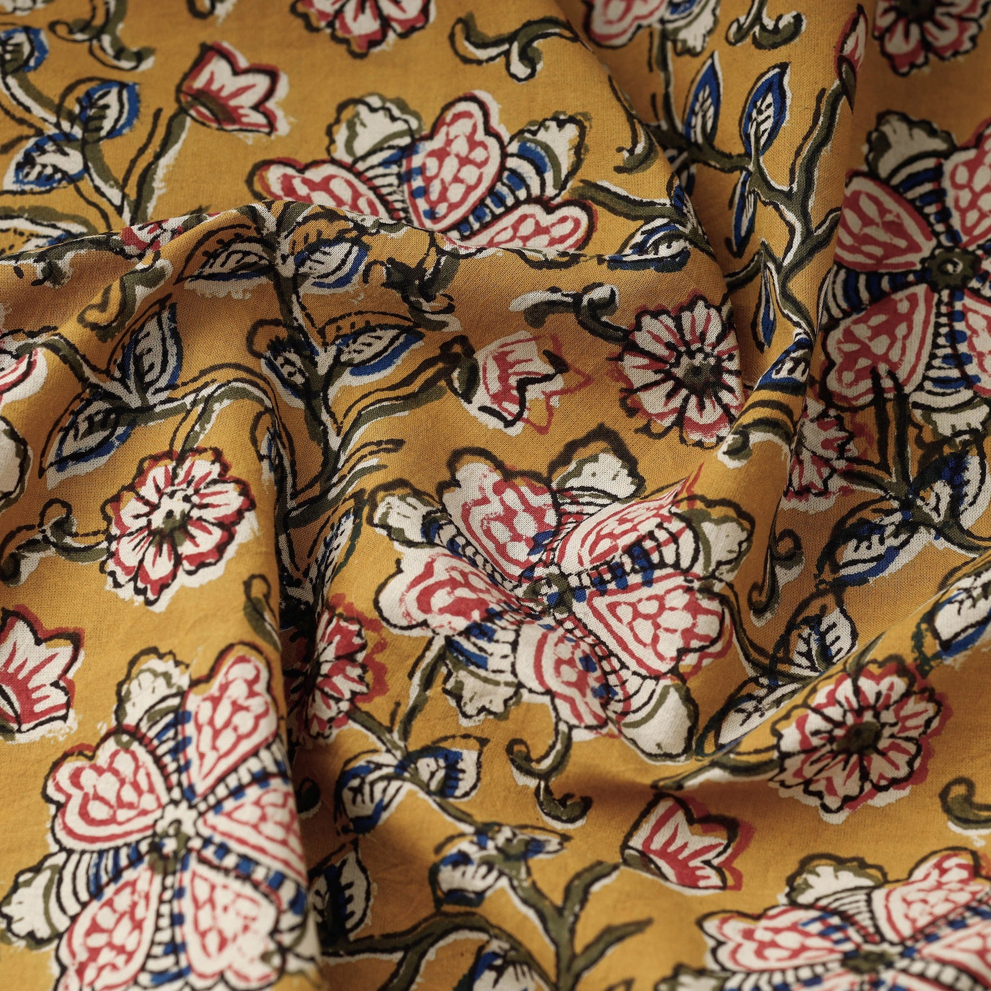 Brown - Florals Kalamkari Bagru Block Print Cotton Fabric 08
