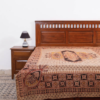 Beige - Kalamkari Block Printed Cotton Single Bed Cover (90 x 60 in)