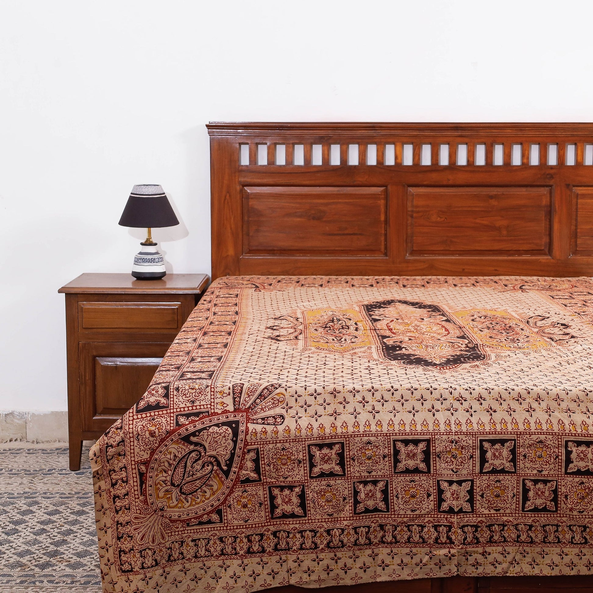 Beige - Kalamkari Block Printed Cotton Single Bed Cover (90 x 60 in)