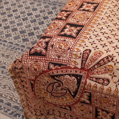 Beige - Kalamkari Block Printed Cotton Single Bed Cover (90 x 60 in)