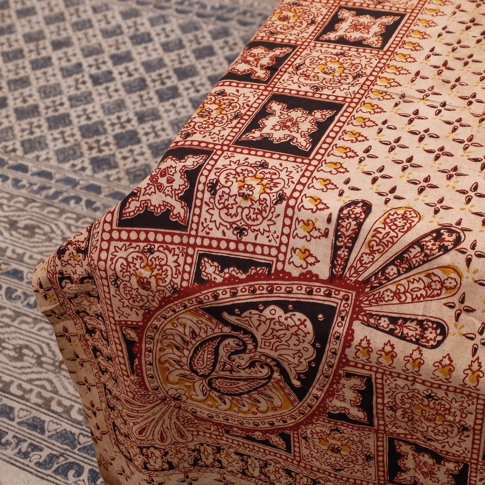 Beige - Kalamkari Block Printed Cotton Single Bed Cover (90 x 60 in)