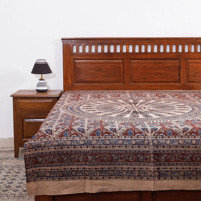Beige - Kalamkari Block Printed Cotton Single Bed Cover (90 x 60 in)