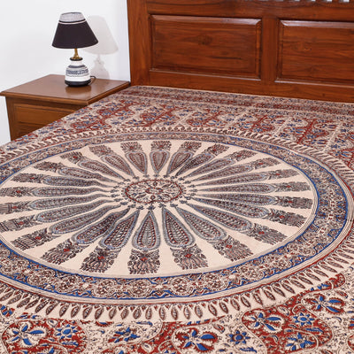 Beige - Kalamkari Block Printed Cotton Single Bed Cover (90 x 60 in)