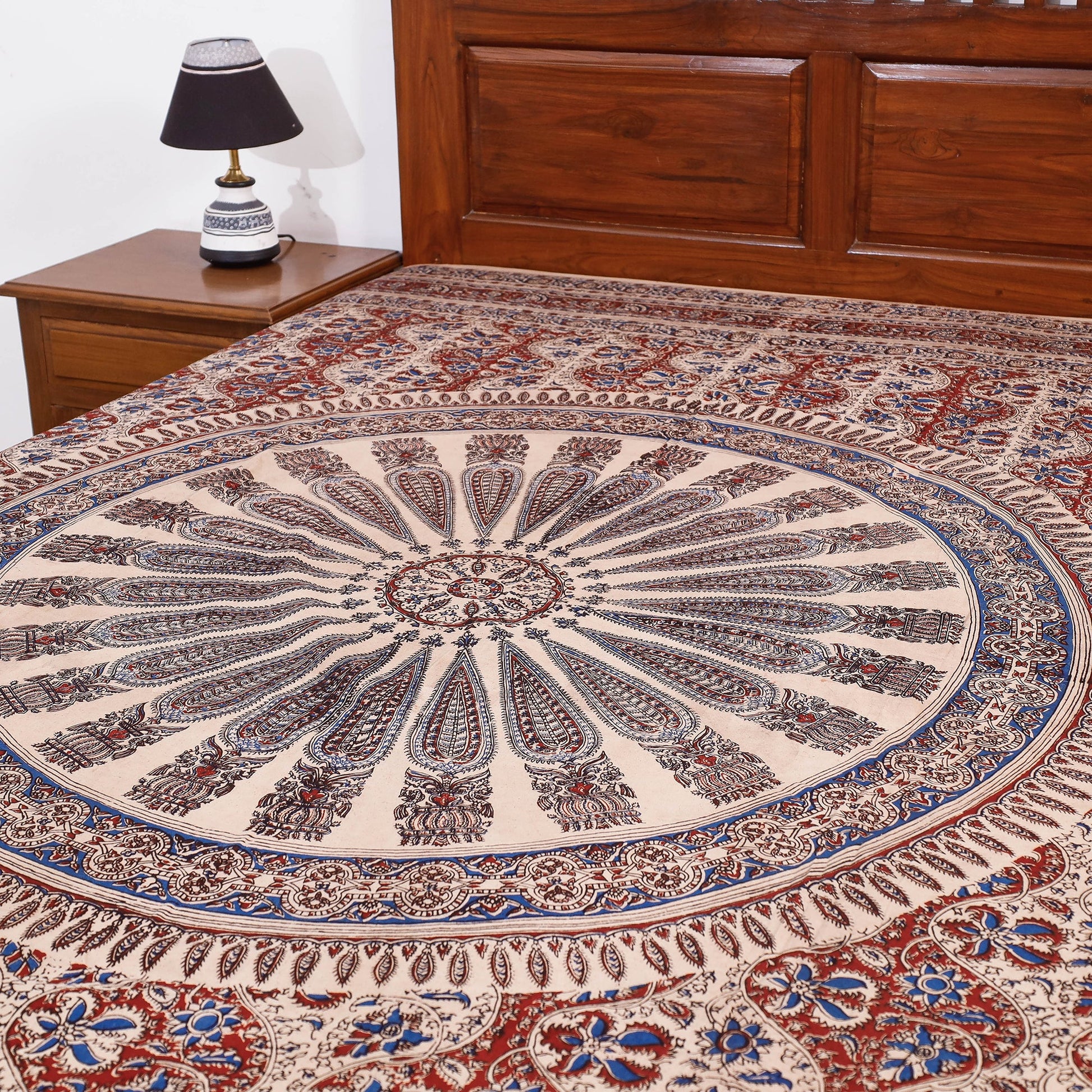 Beige - Kalamkari Block Printed Cotton Single Bed Cover (90 x 60 in)
