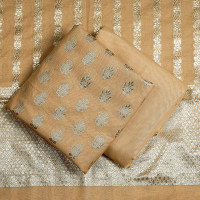 Beige - 3pc Cotton Zari Banarasi Dress Material
