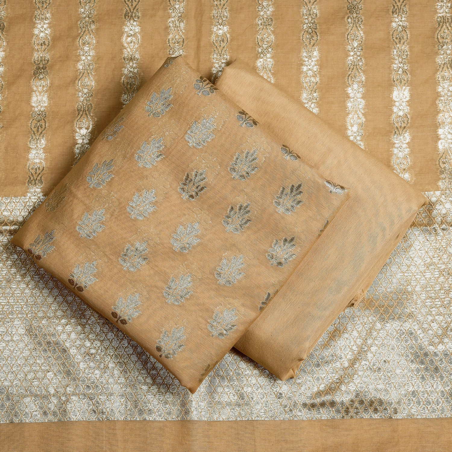Beige - 3pc Cotton Zari Banarasi Dress Material