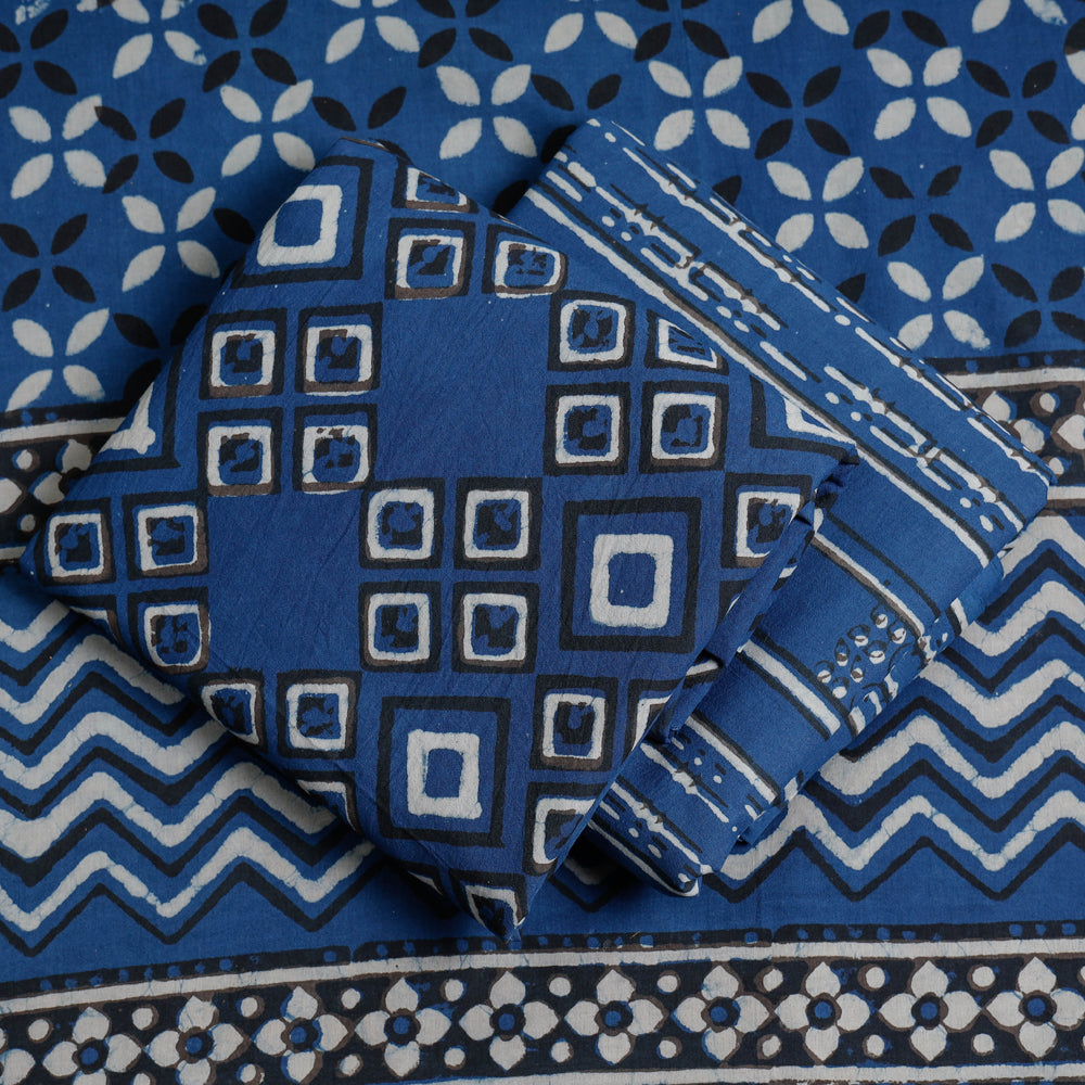 Blue - 3pc Cotton Block Printed Pipad Dress Material Set
