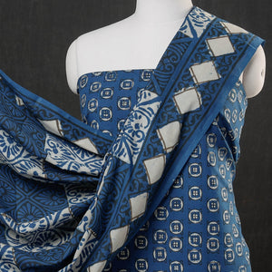Blue - 3pc Cotton Block Printed Pipad Dress Material Set