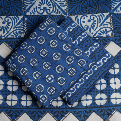 Blue - 3pc Cotton Block Printed Pipad Dress Material Set