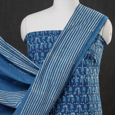Blue - 3pc Cotton Block Printed Pipad Dress Material Set