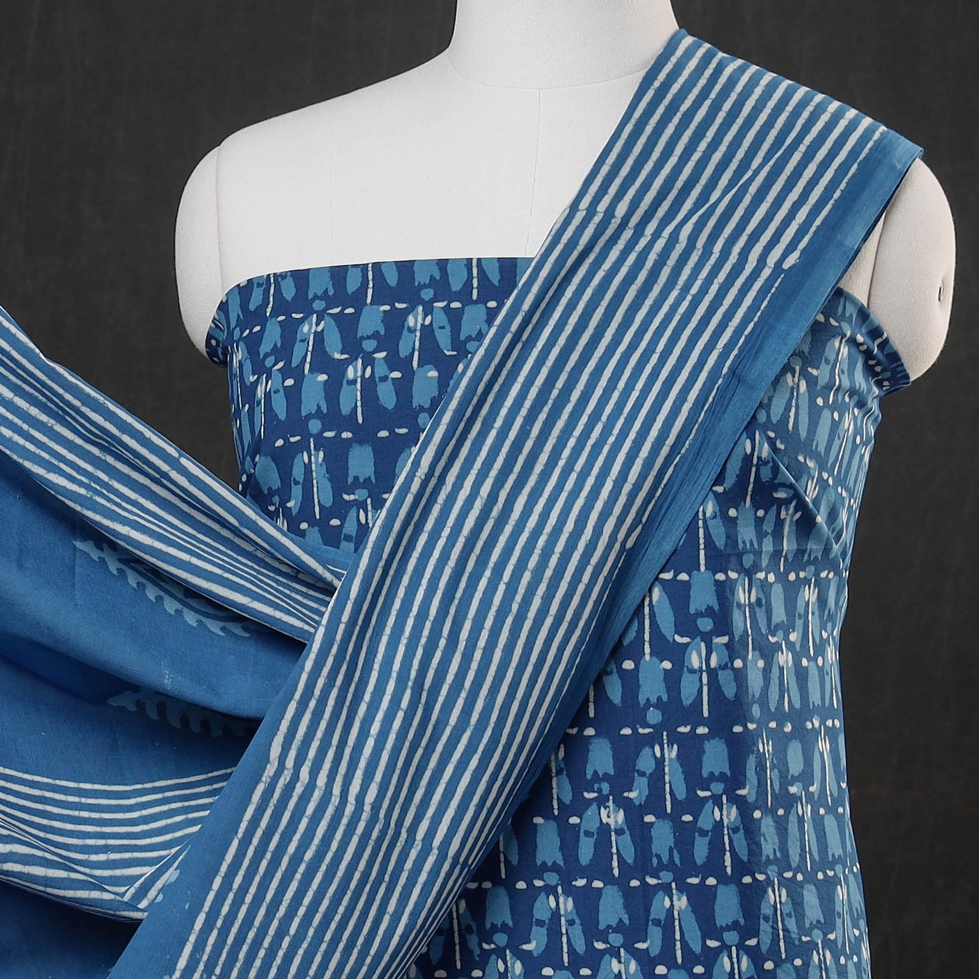 Blue - 3pc Cotton Block Printed Pipad Dress Material Set