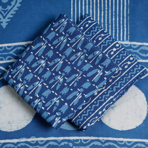 Blue - 3pc Cotton Block Printed Pipad Dress Material Set