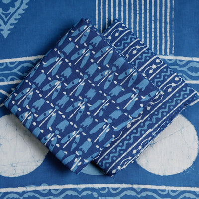 Blue - 3pc Cotton Block Printed Pipad Dress Material Set