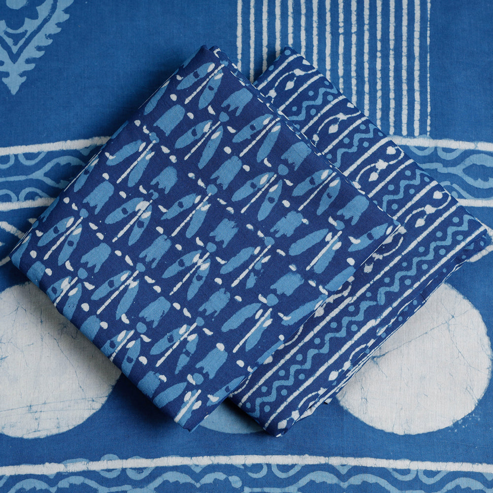 Blue - 3pc Cotton Block Printed Pipad Dress Material Set