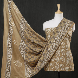 Brown - 3pc Cotton Block Printed Pipad Dress Material Set