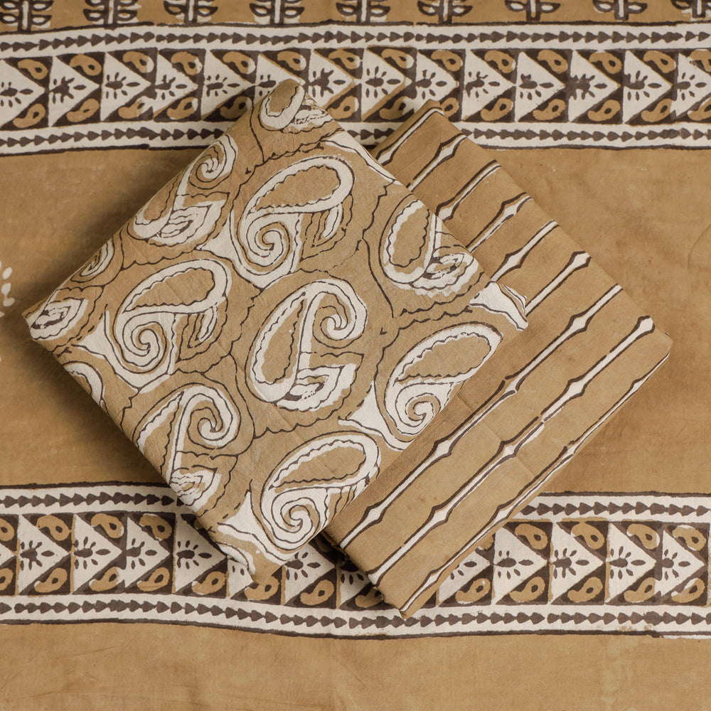 Brown - 3pc Cotton Block Printed Pipad Dress Material Set