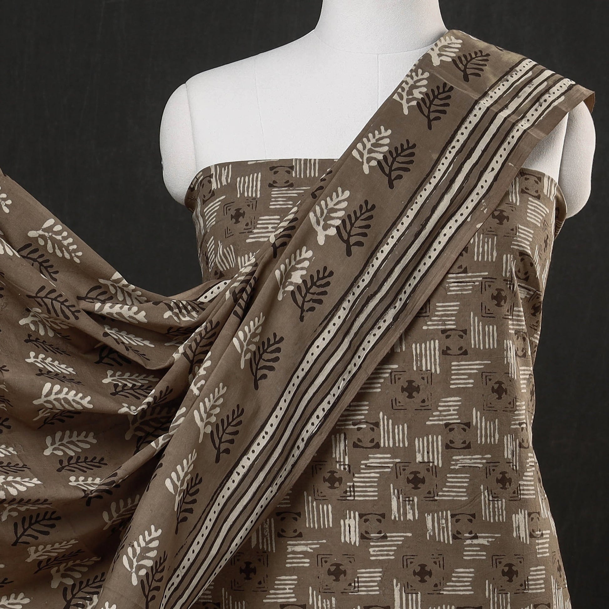 Brown - 3pc Cotton Block Printed Pipad Dress Material Set